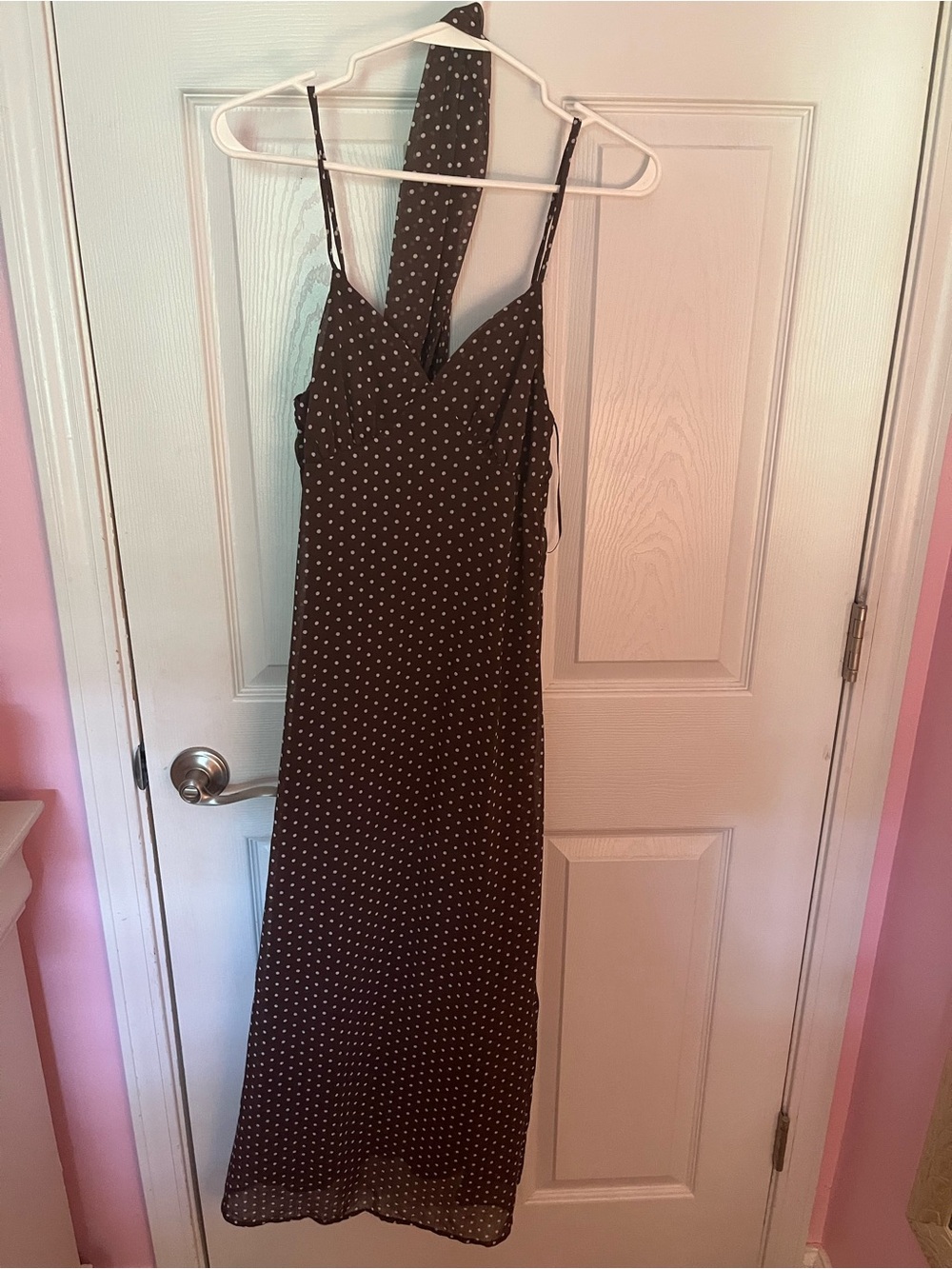 Polka Dot Slip Dress in Brown with Scarf
